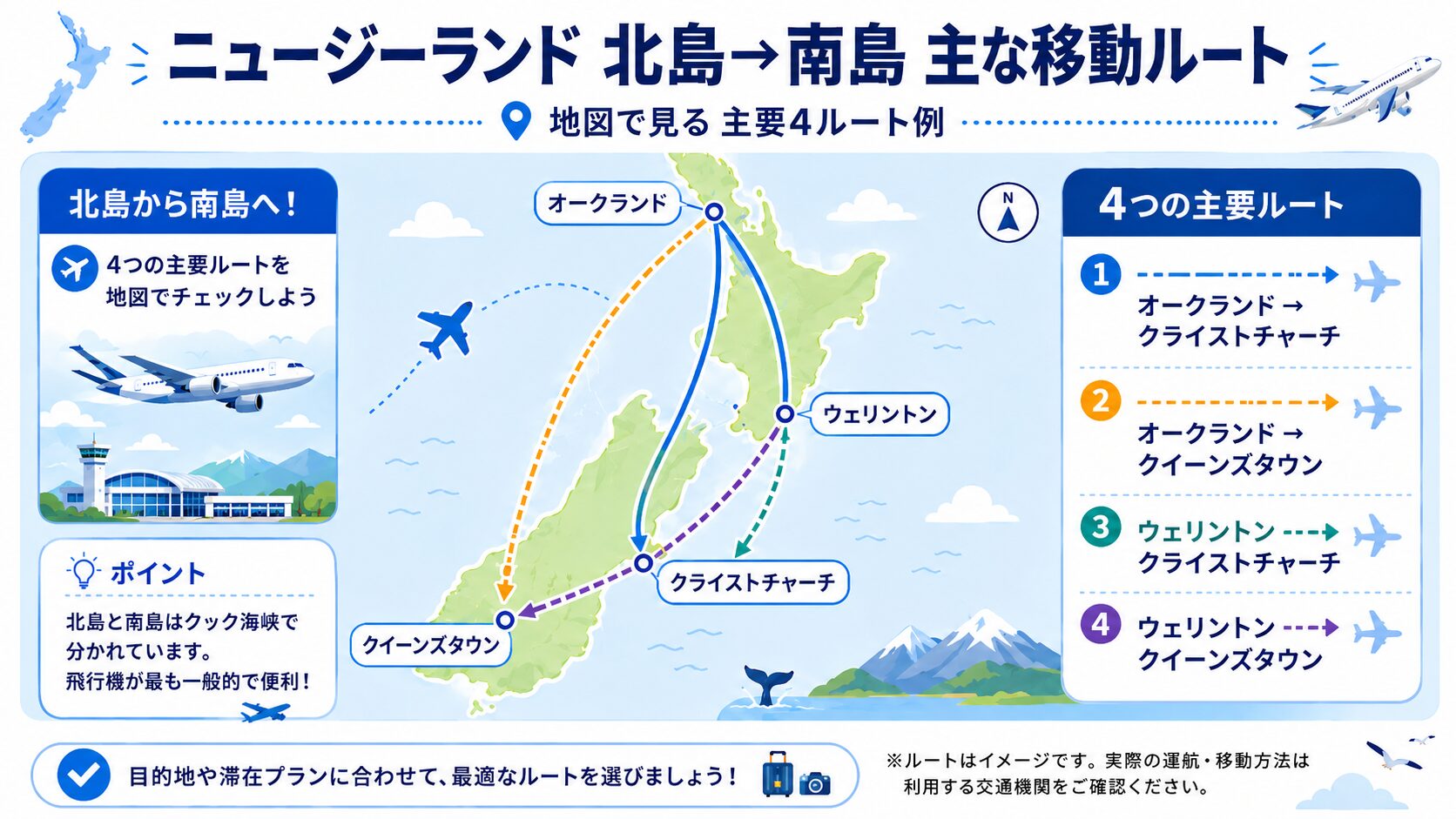 ニュージーランド　飛行機で北島から南島へ移動する方法