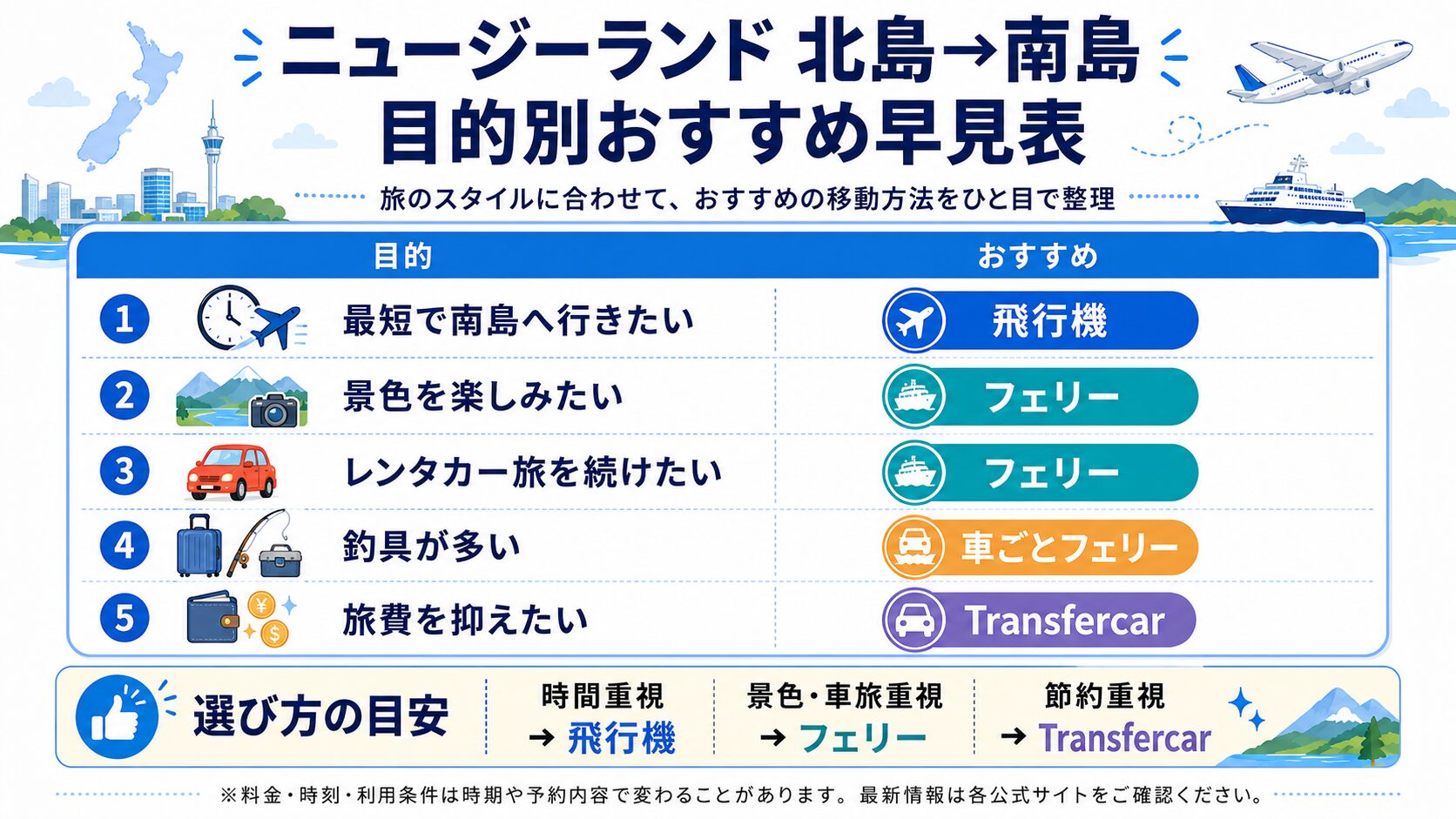 ニュージーランド北島→南島目的別おすすめ早見表
