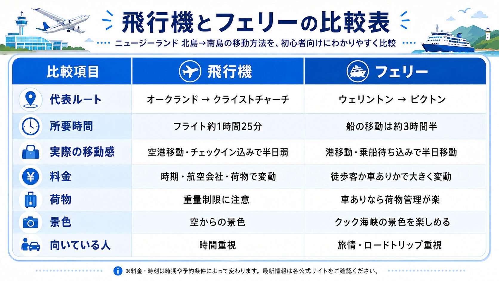 ニュージーランド飛行機とフェリーの比較表