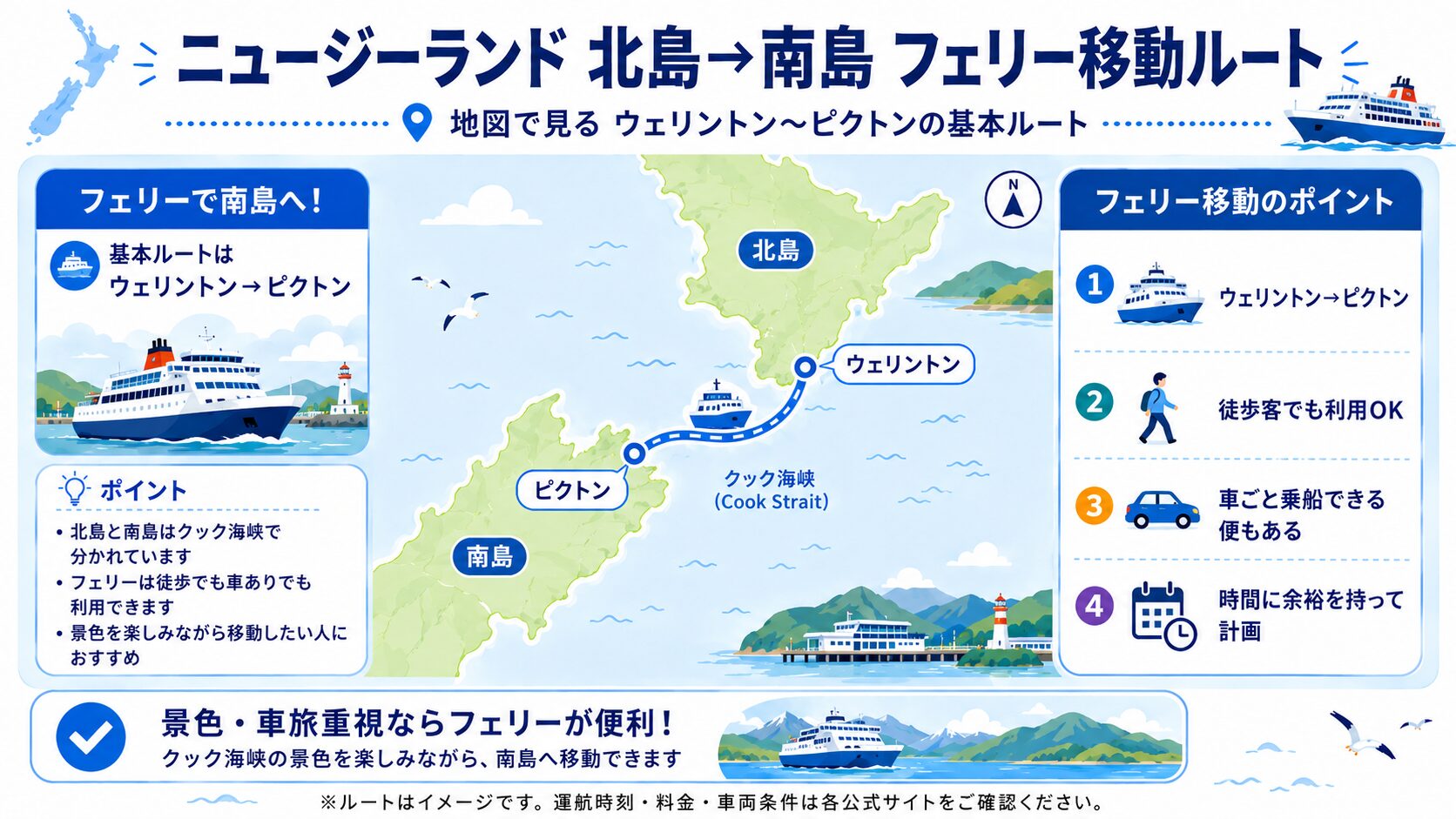 ニュージーランド北島→南島フェリー移動ルート