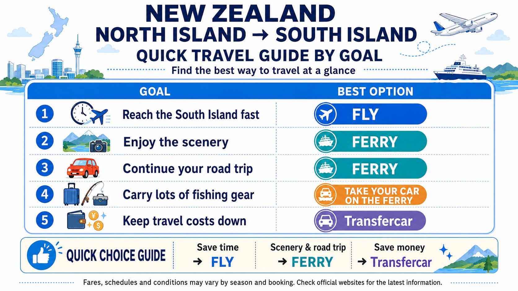 Quick guide to traveling from New Zealand’s North Island to the South Island by flight, ferry or Transfercar