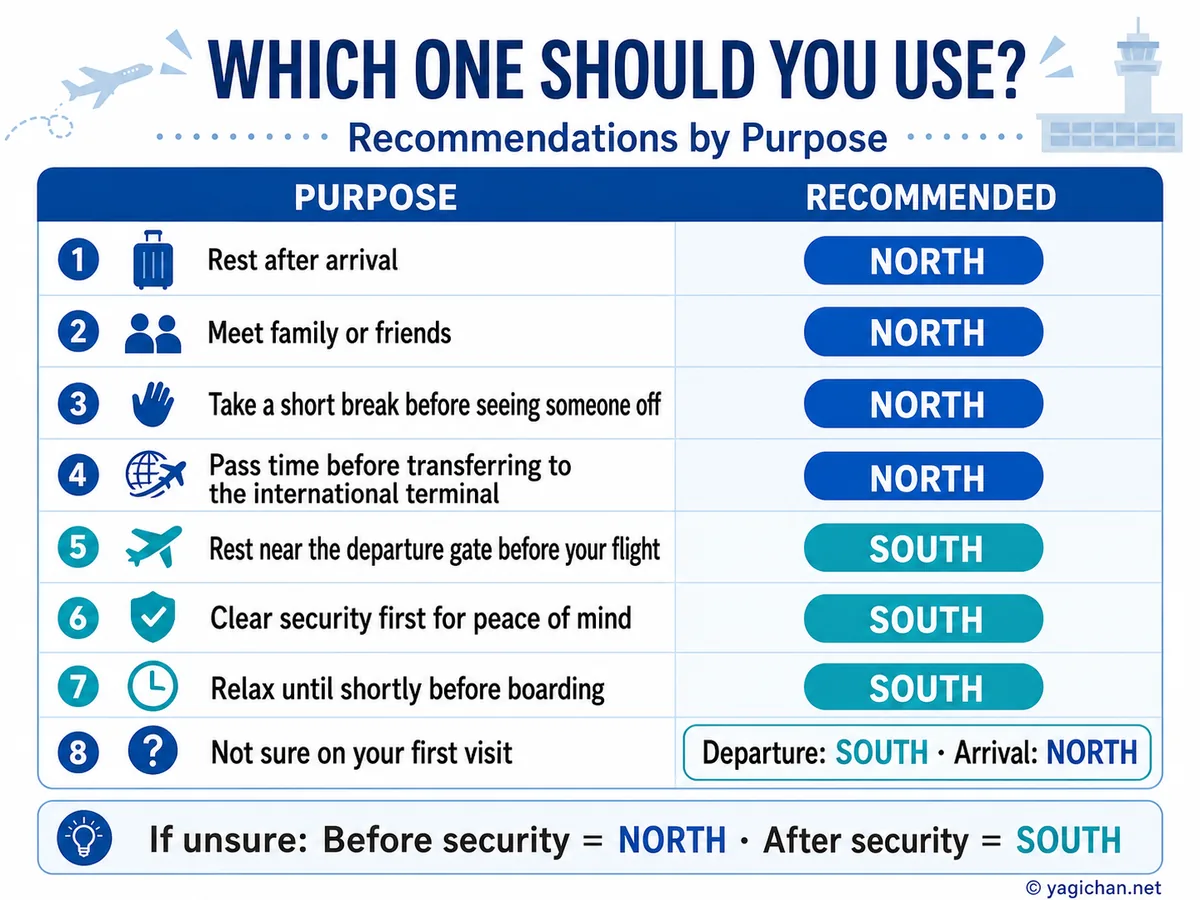Infographic showing which lounge to choose, North or South, based on your purpose at Fukuoka Airport