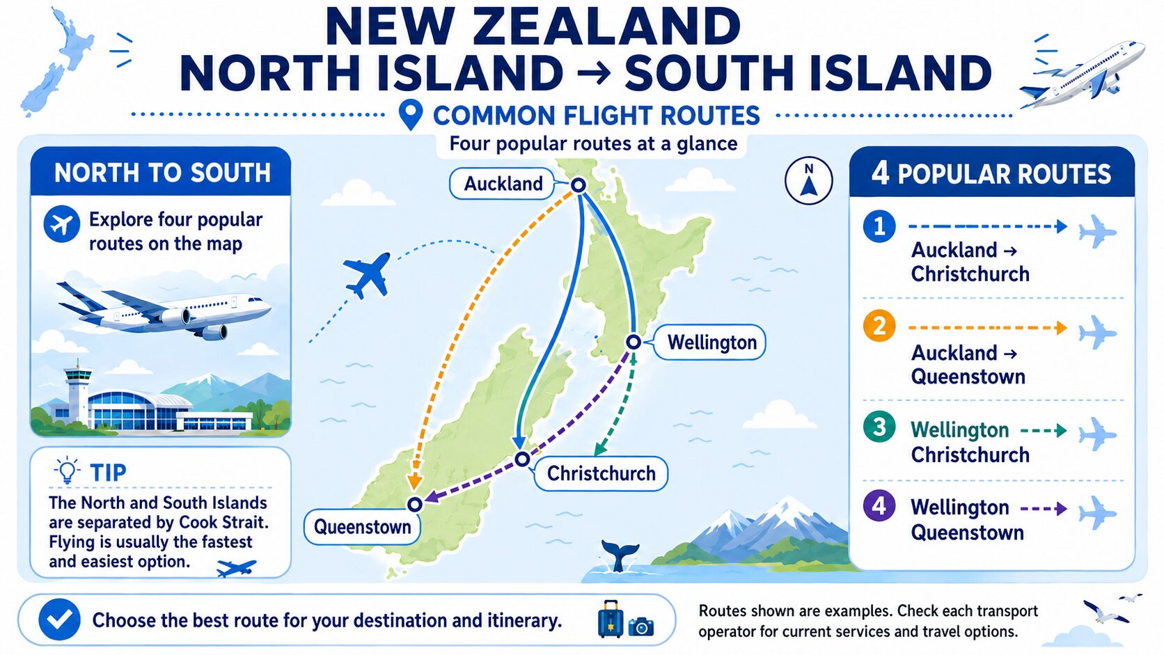 Map of common flight routes between New Zealand’s North and South Islands