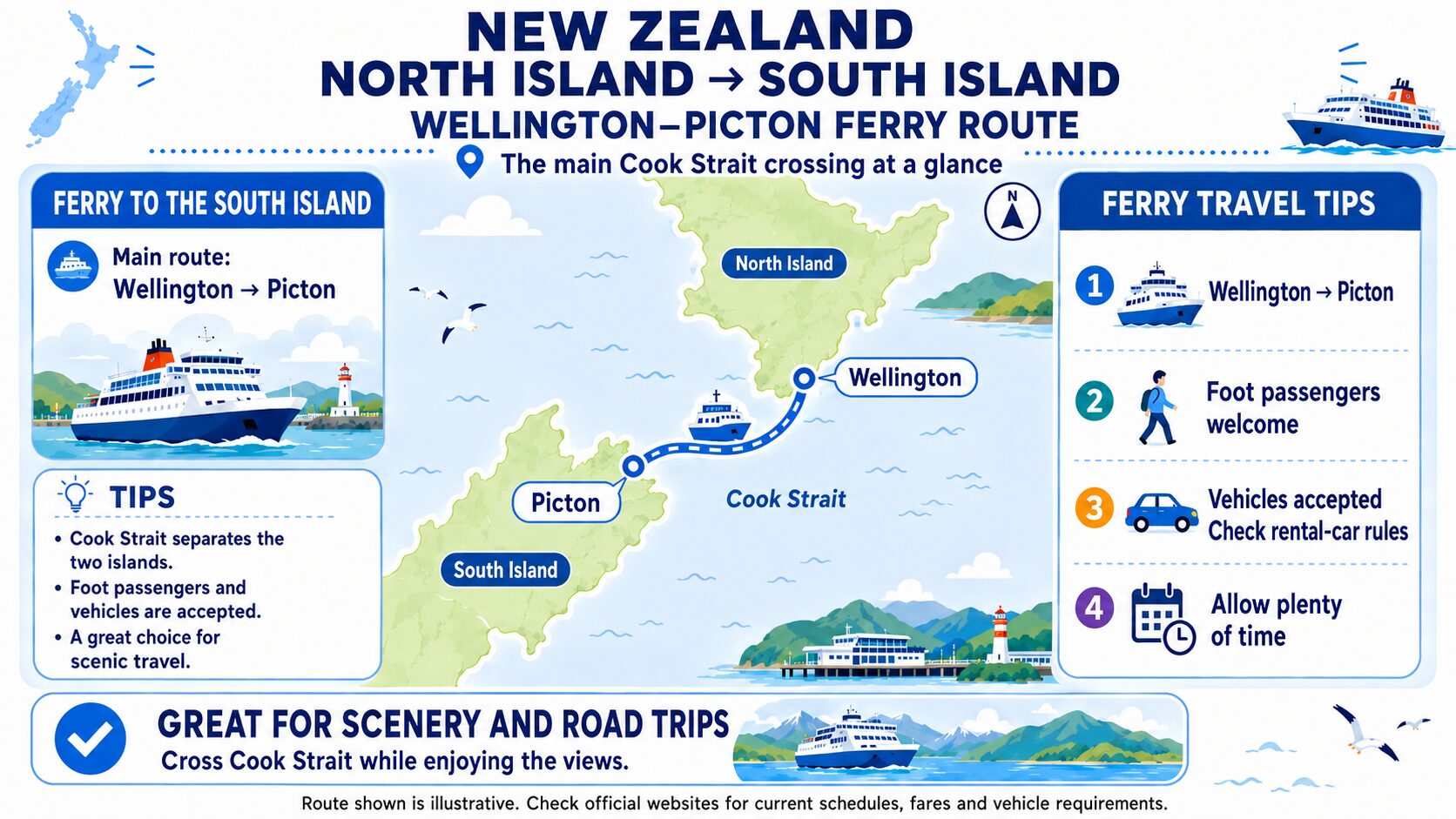 Wellington to Picton ferry route across Cook Strait between New Zealand’s North and South Islands
