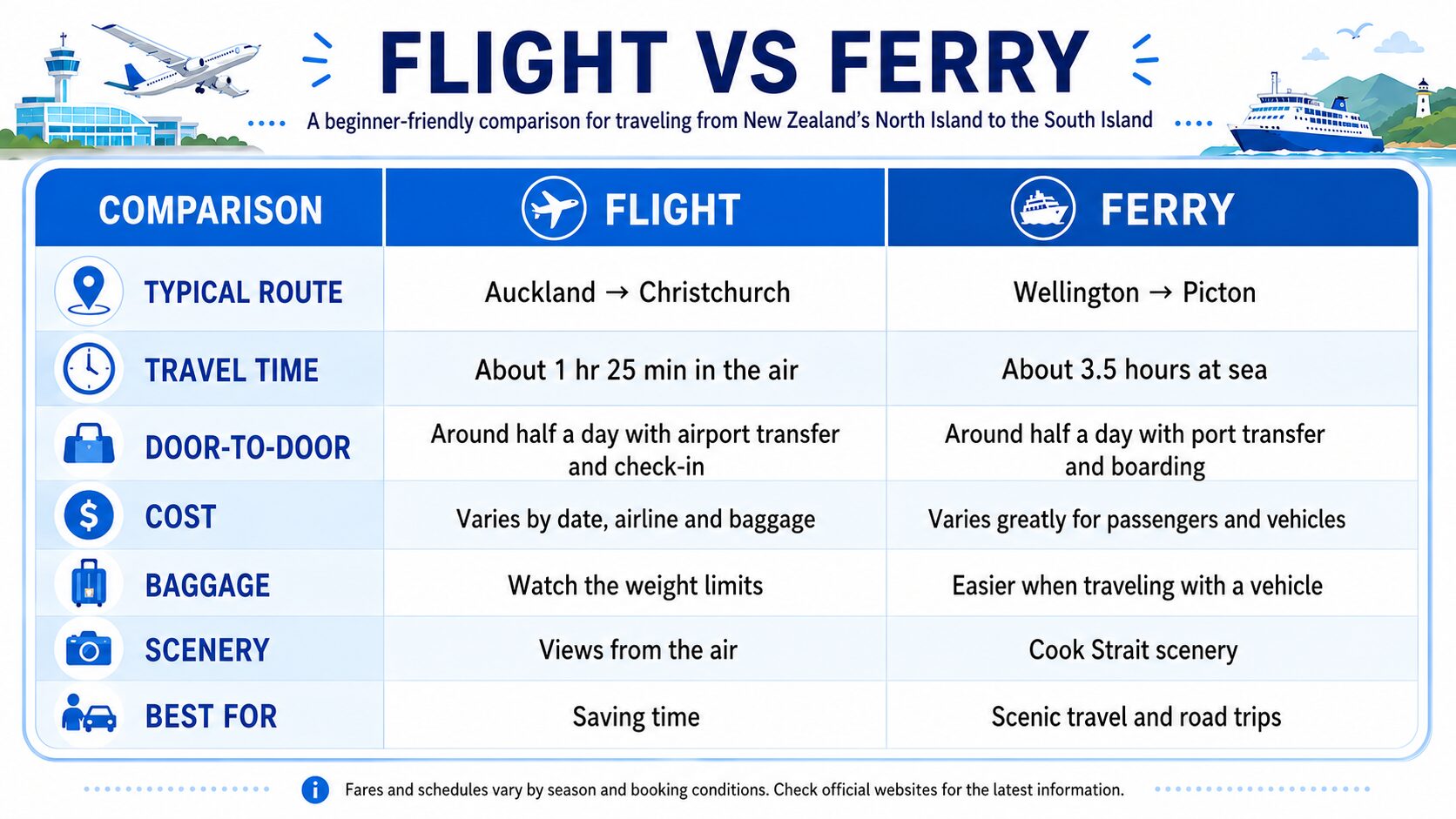 Flight versus ferry comparison for traveling between New Zealand’s North and South Islands